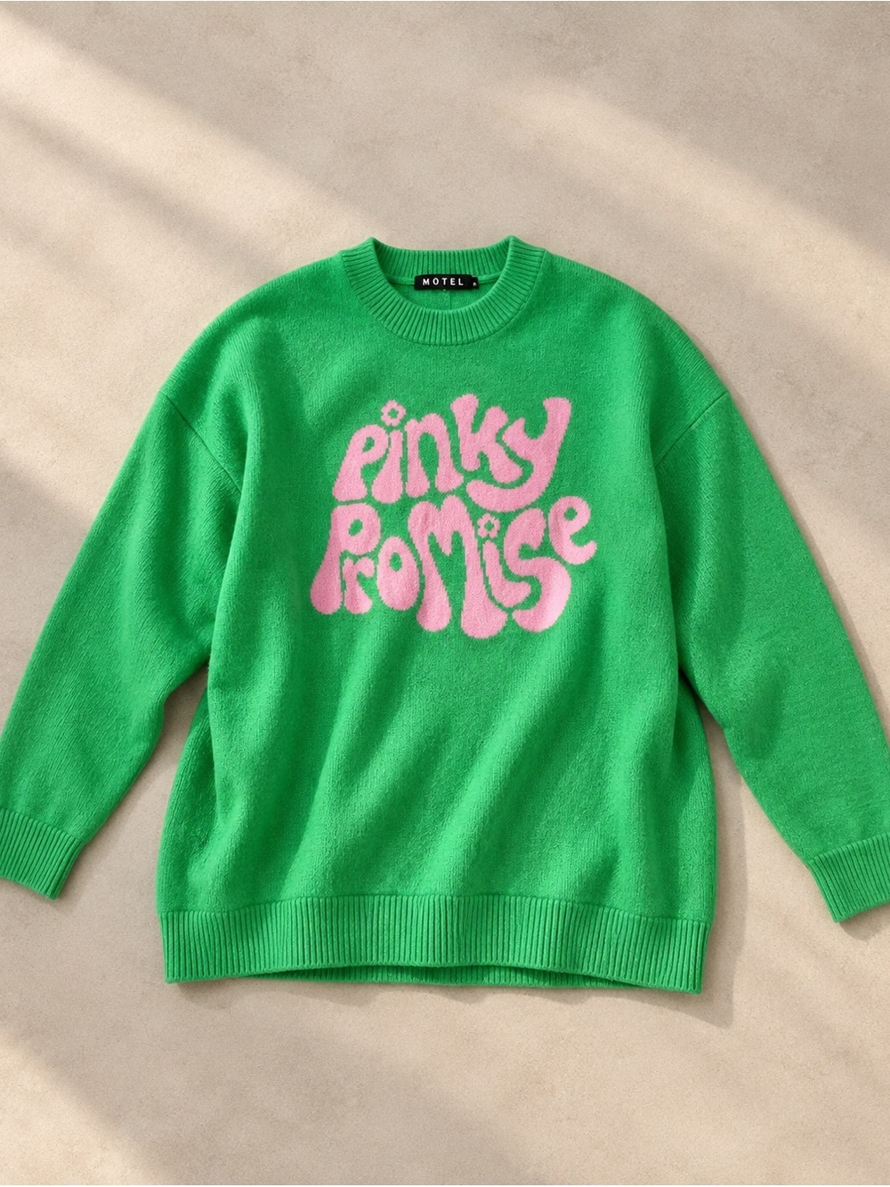 Motel Rocks Green Sweater with Pink "Pinky Promise" Graphic